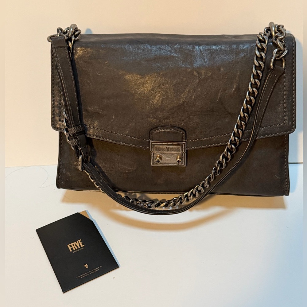 Frye Ella Flap Leather Shoulder Bag with Chain Strap NEW Carbon